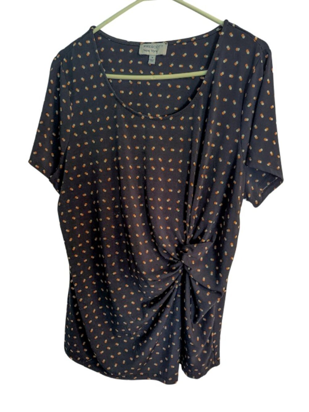 Prescott New York Women's 1X Navy Polka Dot Knot Front Blouse Short Sleeve